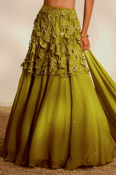 Shop_Silky Bindra_Green Organza Sequins, Embroidery, Beads Sweetheart Neck Monstera Lehenga Set _Online_at_Aza_Fashions