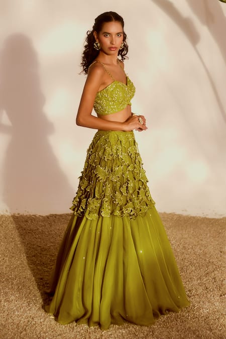 Silky Bindra_Green Organza Sequins, Embroidery, Beads Sweetheart Neck Monstera Lehenga Set _at_Aza_Fashions