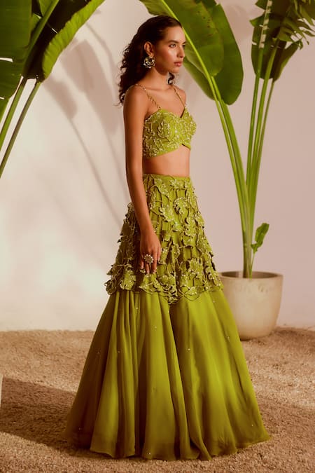 Buy_Silky Bindra_Green Organza Sequins, Embroidery, Beads Sweetheart Neck Monstera Lehenga Set 