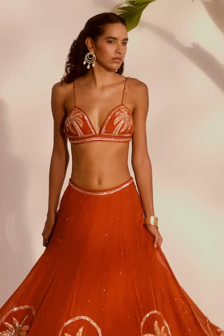 Silky Bindra_Rust Organza Sequins, Embroidery, Zari Plunge Neck Palm Paradise Lehenga Set _Online_at_Aza_Fashions