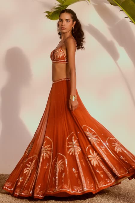 Shop_Silky Bindra_Rust Organza Sequins, Embroidery, Zari Plunge Neck Palm Paradise Lehenga Set _Online_at_Aza_Fashions