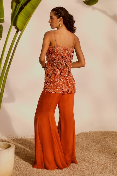 Shop_Silky Bindra_Rust Organza Beads, Embroidery Square Neck Silas Tunic And Sharara Set _at_Aza_Fashions