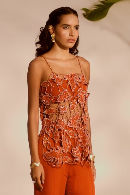 Silky Bindra_Rust Organza Beads, Embroidery Square Neck Silas Tunic And Sharara Set _Online_at_Aza_Fashions
