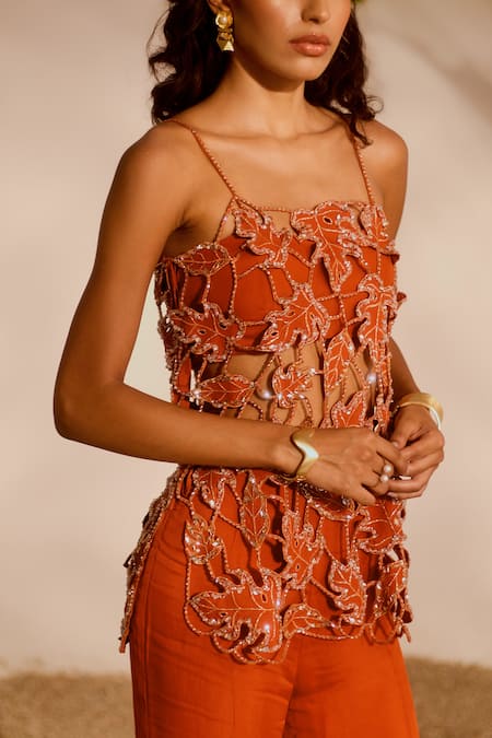 Buy_Silky Bindra_Rust Organza Beads, Embroidery Square Neck Silas Tunic And Sharara Set _Online_at_Aza_Fashions