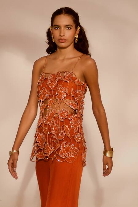 Shop_Silky Bindra_Rust Organza Beads, Embroidery Square Neck Silas Tunic And Sharara Set _Online_at_Aza_Fashions