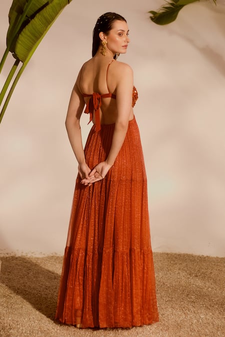 Shop_Silky Bindra_Rust Organza, Chiffon Sequins Plunge Neck Aloha 3-tiered Gown  _at_Aza_Fashions
