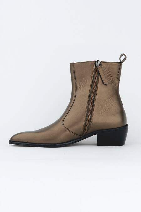 Kavith_Brown Metallic Copper Square Toe Boots _Online_at_Aza_Fashions