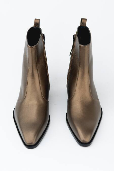 Shop_Kavith_Brown Metallic Copper Square Toe Boots _at_Aza_Fashions