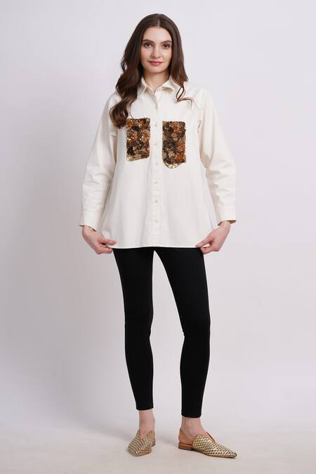 Buy_Sonali Gupta_Ivory Cotton Embroidery Collared Hand Shirt 