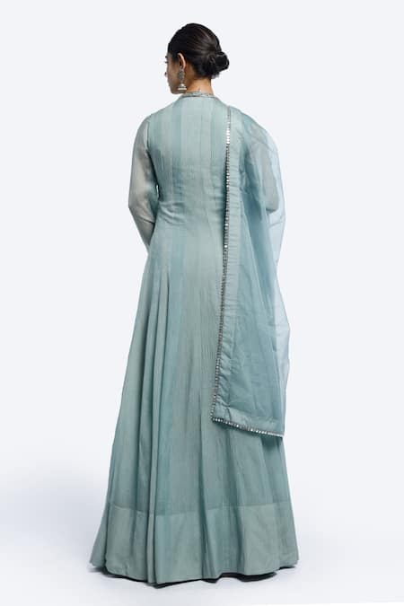 Shop Onaya Blue Organza Mirrors Embroidered Anarkali Set at Aza Fashions Shop_Onaya_Blue Organza Mirrors Embroidered Anarkali Set _at_Aza_Fashions