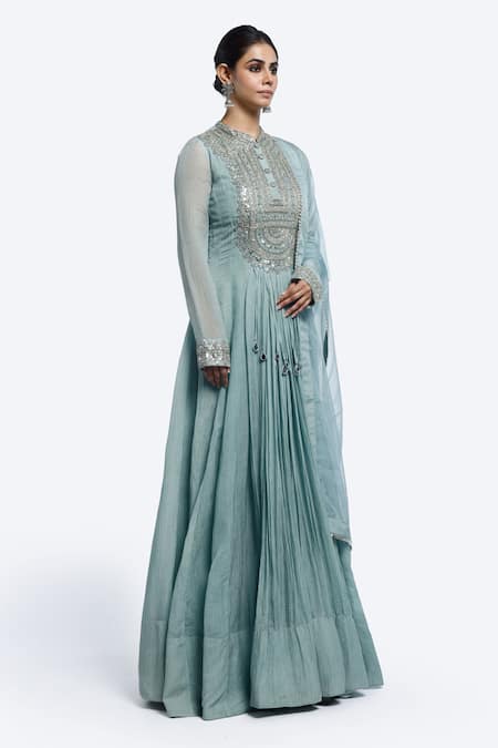 Onaya Blue Organza Mirrors Embroidered Anarkali Set Online at Aza Fashions Onaya_Blue Organza Mirrors Embroidered Anarkali Set _Online_at_Aza_Fashions