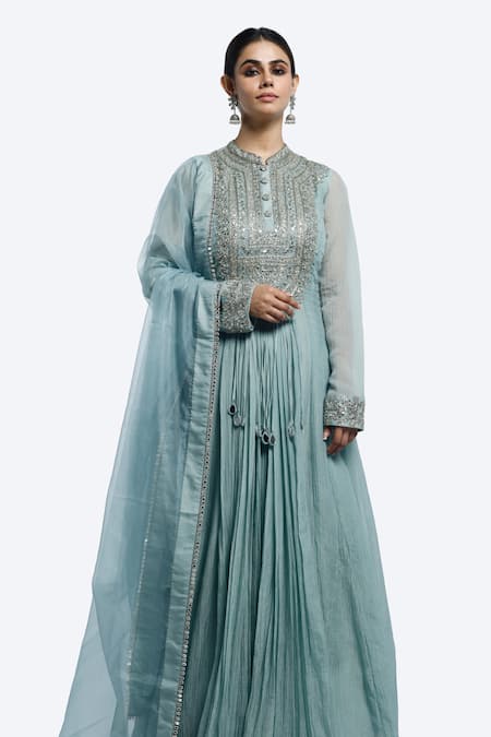 Shop Onaya Blue Organza Mirrors Embroidered Anarkali Set Online at Aza Fashions Shop_Onaya_Blue Organza Mirrors Embroidered Anarkali Set _Online_at_Aza_Fashions