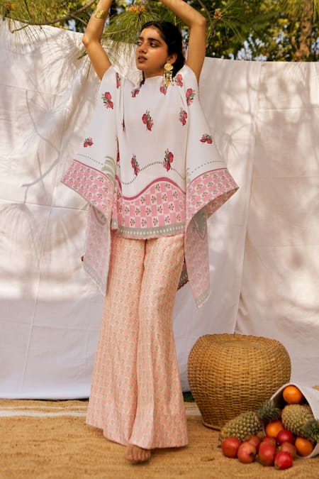 Shop_Moh India_Ivory Chanderi Embroidery Rouge Pomme Kimono Cape And Trouser Set _at_Aza_Fashions