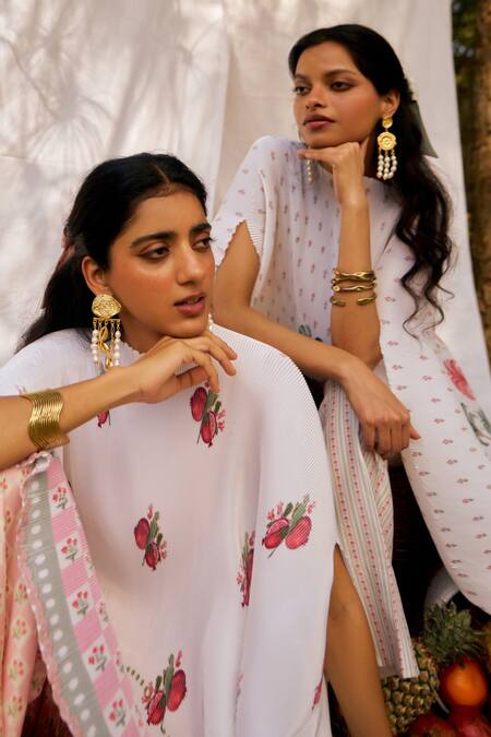 Moh India_Ivory Chanderi Embroidery Rouge Pomme Kimono Cape And Trouser Set _Online_at_Aza_Fashions