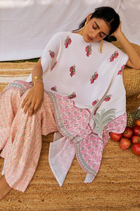 Buy_Moh India_Ivory Chanderi Embroidery Rouge Pomme Kimono Cape And Trouser Set _Online_at_Aza_Fashions