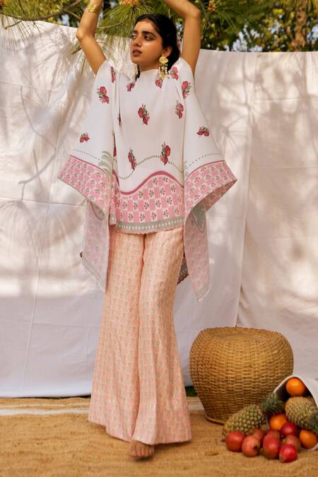 Shop_Moh India_Ivory Chanderi Embroidery Rouge Pomme Kimono Cape And Trouser Set _Online_at_Aza_Fashions