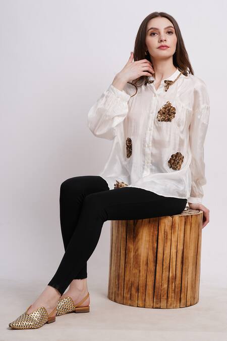 Buy_Sonali Gupta_Ivory Silk Embroidery Collared Shirt 