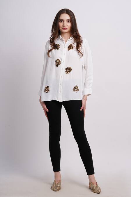 Sonali Gupta_Ivory Silk Embroidery Collared Hand Shirt _at_Aza_Fashions