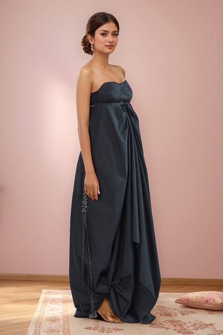 Shop_AK-OK_Black Sweetheart Neck Pleated Tube Maxi Dress_Online_at_Aza_Fashions