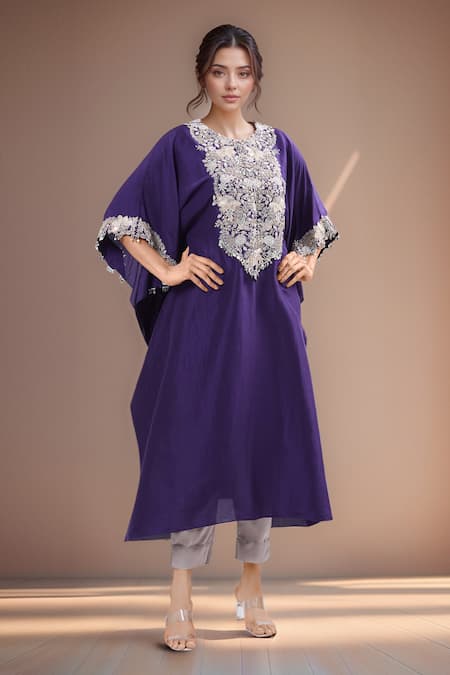 Prisho Purple Lampi Embroidered Kaftan And Pant Set 