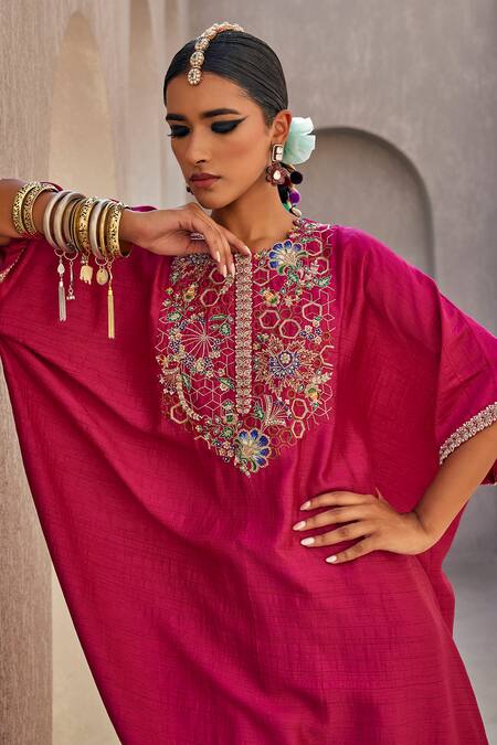 Anu Pellakuru_Magenta Linen, Silk Embroidery Round Neck Kaftan Set _Online_at_Aza_Fashions