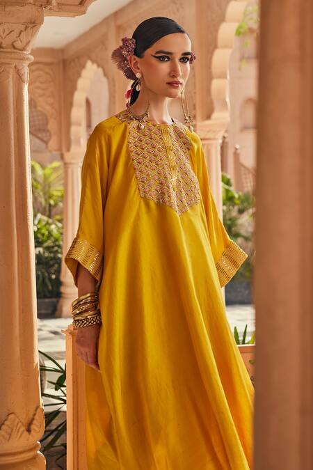 Anu Pellakuru_Mustard Silk Embroidery Round Neck Yellow Kaftan And Pant Set _Online_at_Aza_Fashions