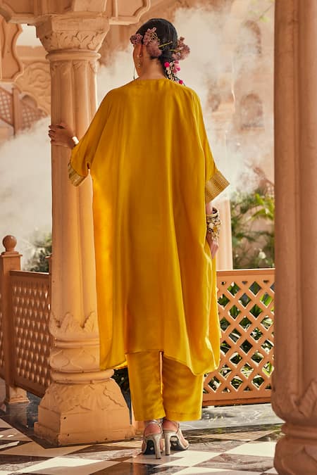 Anu Pellakuru Mustard Yellow Silk Kaftan & Pant Set 