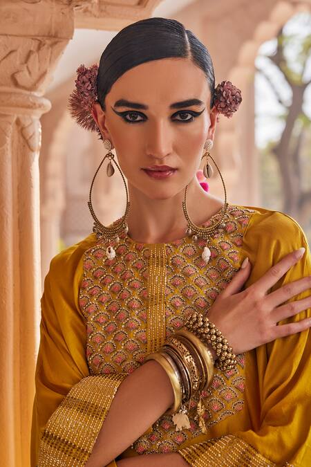 Buy_Anu Pellakuru_Mustard Silk Embroidery Round Neck Yellow Kaftan And Pant Set _Online_at_Aza_Fashions