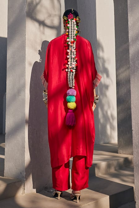 Anu Pellakuru Scarlet Red Embroidered Kaftan & Pant Set 