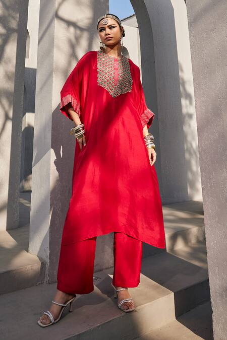 Anu Pellakuru_Red Silk Pom-poms Split V-neck Scarlet Embroidered Kaftan And Pant Set _Online_at_Aza_Fashions