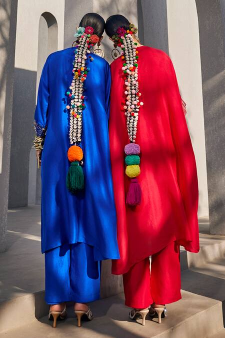 Anu Pellakuru_Red Silk Pom-poms Split V-neck Scarlet Embroidered Kaftan And Pant Set _at_Aza_Fashions
