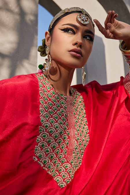 Buy_Anu Pellakuru_Red Silk Pom-poms Split V-neck Scarlet Embroidered Kaftan And Pant Set 