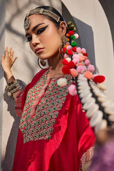 Shop_Anu Pellakuru_Red Silk Pom-poms Split V-neck Scarlet Embroidered Kaftan And Pant Set 
