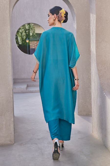 Anu Pellakuru_Turquoise Tissue, Silk Embroidery Round Neck Blue Designer Kaftan Set _Online_at_Aza_Fashions