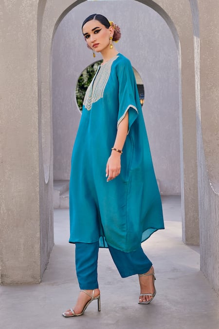Buy_Anu Pellakuru_Turquoise Tissue, Silk Embroidery Round Neck Blue Designer Kaftan Set _Online_at_Aza_Fashions
