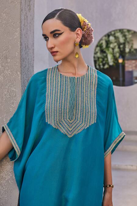 Shop_Anu Pellakuru_Turquoise Tissue, Silk Embroidery Round Neck Blue Designer Kaftan Set _Online_at_Aza_Fashions