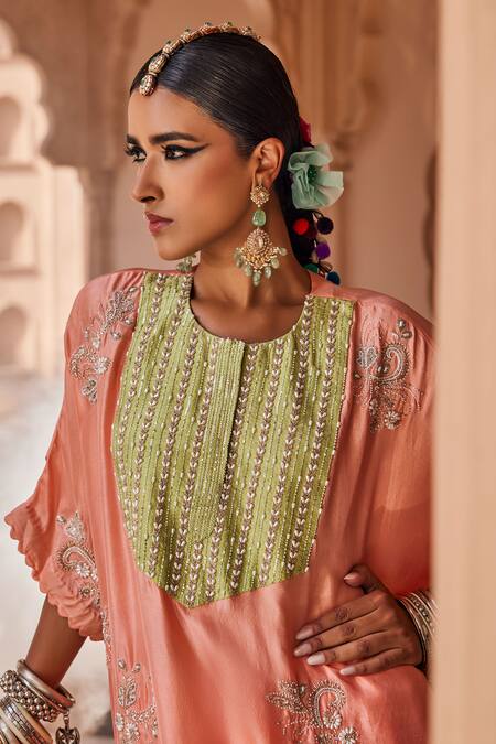 Buy_Anu Pellakuru_Peach Silk Embroidery Round Neck Pink Kaftan And Pant Set _Online_at_Aza_Fashions