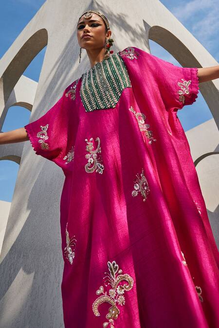 Buy_Anu Pellakuru_Magenta Linen, Silk Sequins, Embroidery Kaftan Set _Online_at_Aza_Fashions