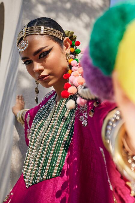 Shop_Anu Pellakuru_Magenta Linen, Silk Sequins, Embroidery Kaftan Set _Online_at_Aza_Fashions