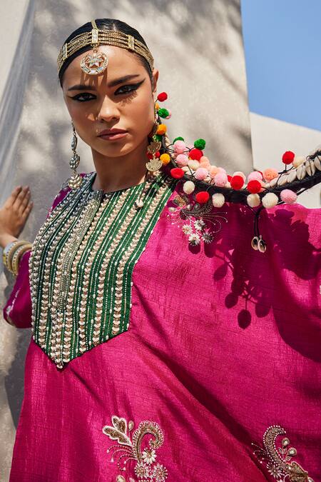 Buy_Anu Pellakuru_Magenta Linen, Silk Sequins, Embroidery Kaftan Set 