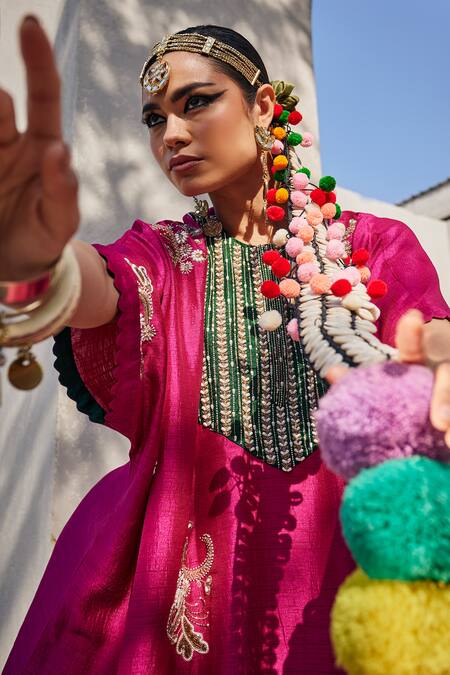 Shop_Anu Pellakuru_Magenta Linen, Silk Sequins, Embroidery Kaftan Set 