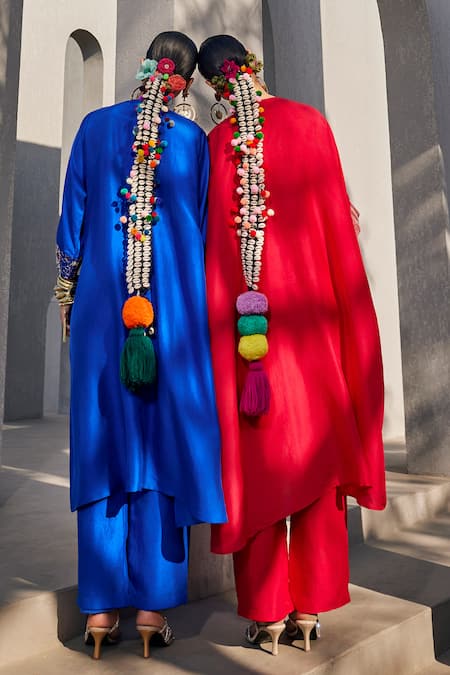Shop_Anu Pellakuru_Blue Silk Embroidery Round Neck Electric Kaftan Set _Online_at_Aza_Fashions