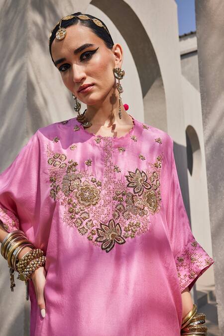 Buy_Anu Pellakuru_Pink Silk Embroidery Round Neck Rose Kaftan Set _Online_at_Aza_Fashions