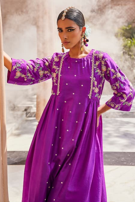 Anu Pellakuru Purple Silk Round Neck Bright Embroidered Kurta Set Online at Aza Fashions Anu Pellakuru_Purple Silk Round Neck Bright Embroidered Kurta Set _Online_at_Aza_Fashions