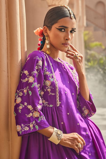 Buy Anu Pellakuru Purple Silk Round Neck Bright Embroidered Kurta Set Online at Aza Fashions Buy_Anu Pellakuru_Purple Silk Round Neck Bright Embroidered Kurta Set _Online_at_Aza_Fashions