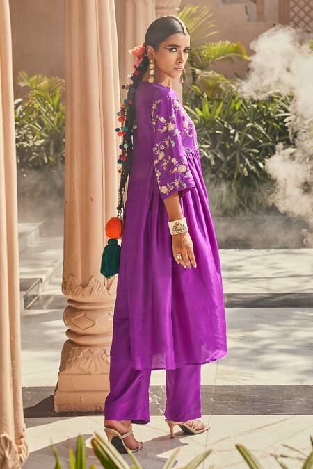 Shop Anu Pellakuru Purple Silk Round Neck Bright Embroidered Kurta Set Online at Aza Fashions Shop_Anu Pellakuru_Purple Silk Round Neck Bright Embroidered Kurta Set _Online_at_Aza_Fashions