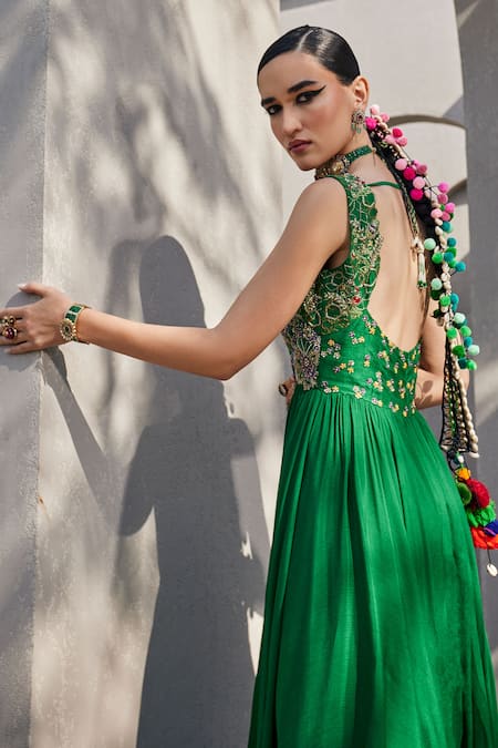 Anu Pellakuru Emerald Green Chiffon, Silk Sequins Square Neck Embroidered Anarkali Online at Aza Fashions Anu Pellakuru_Emerald Green Chiffon, Silk Sequins Square Neck Embroidered Anarkali _Online_at_Aza_Fashions
