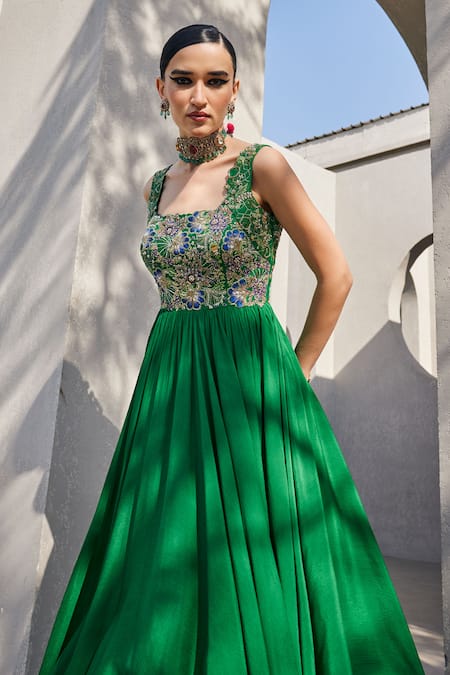 Buy Anu Pellakuru Emerald Green Chiffon, Silk Sequins Square Neck Embroidered Anarkali Online at Aza Fashions Buy_Anu Pellakuru_Emerald Green Chiffon, Silk Sequins Square Neck Embroidered Anarkali _Online_at_Aza_Fashions