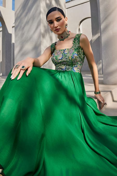 Shop Anu Pellakuru Emerald Green Chiffon, Silk Sequins Square Neck Embroidered Anarkali Online at Aza Fashions Shop_Anu Pellakuru_Emerald Green Chiffon, Silk Sequins Square Neck Embroidered Anarkali _Online_at_Aza_Fashions