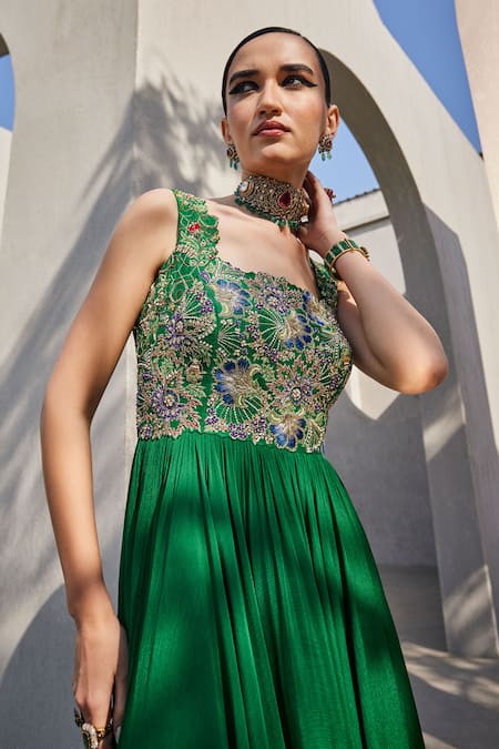 Anu Pellakuru Emerald Green Chiffon, Silk Sequins Square Neck Embroidered Anarkali at Aza Fashions Anu Pellakuru_Emerald Green Chiffon, Silk Sequins Square Neck Embroidered Anarkali _at_Aza_Fashions